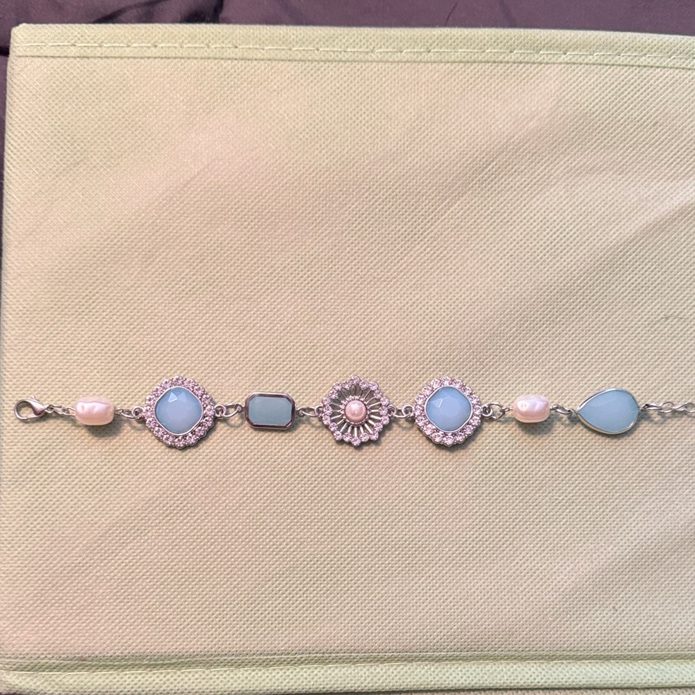 Delicate Blue and Pearl Silver Link Bracelet